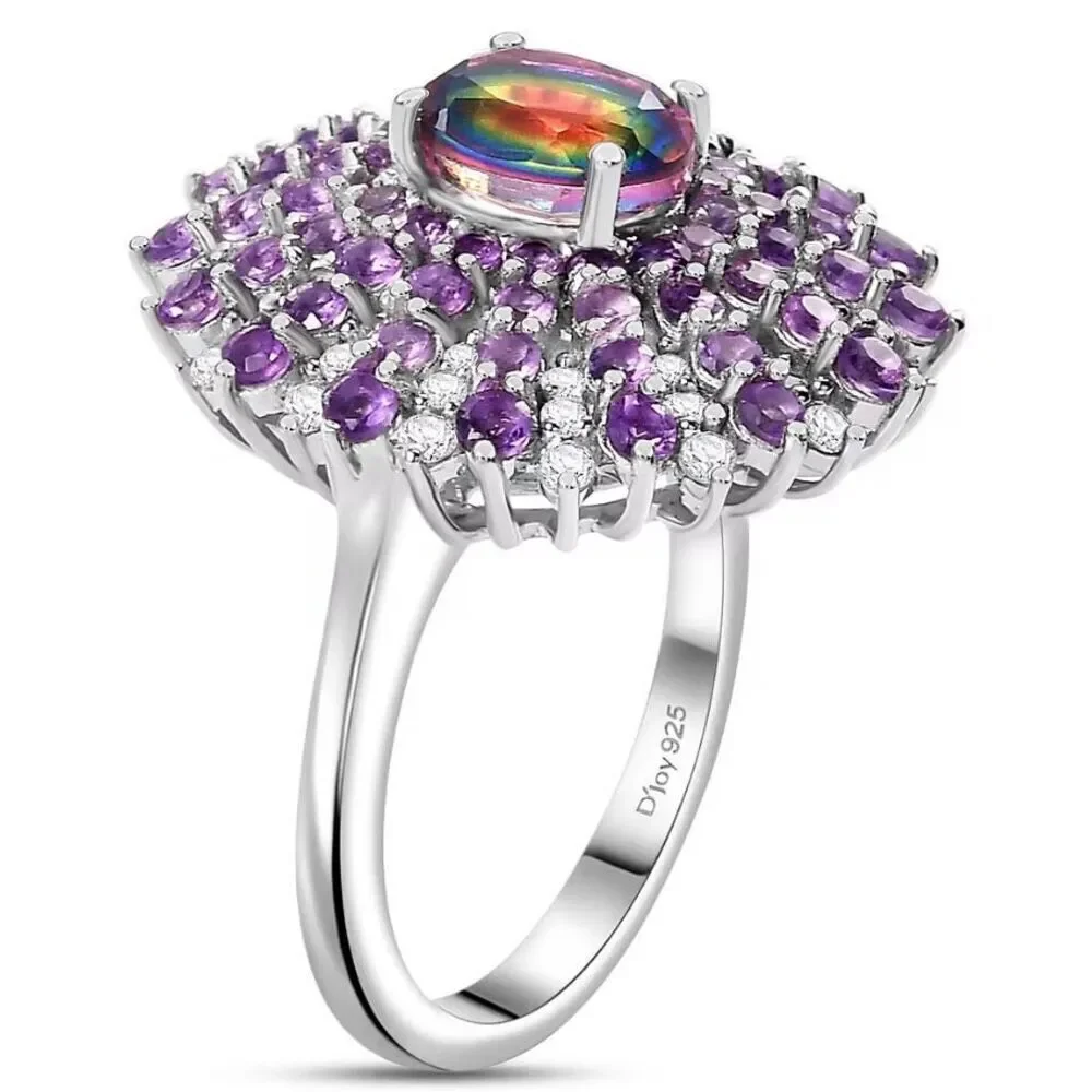 Nebula Quartz Doublet and Multi Gemstone 3.40 ctw Galactic Bloom Sterling Ring 7
